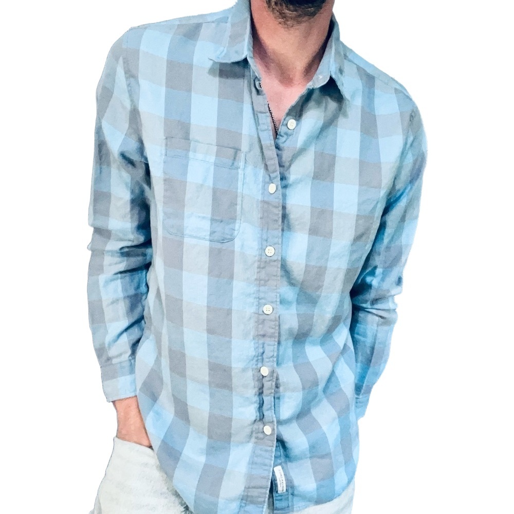 American Eagle Seriously Soft Mens Blue Grey Plaid Collared Long Sleeve Shirt